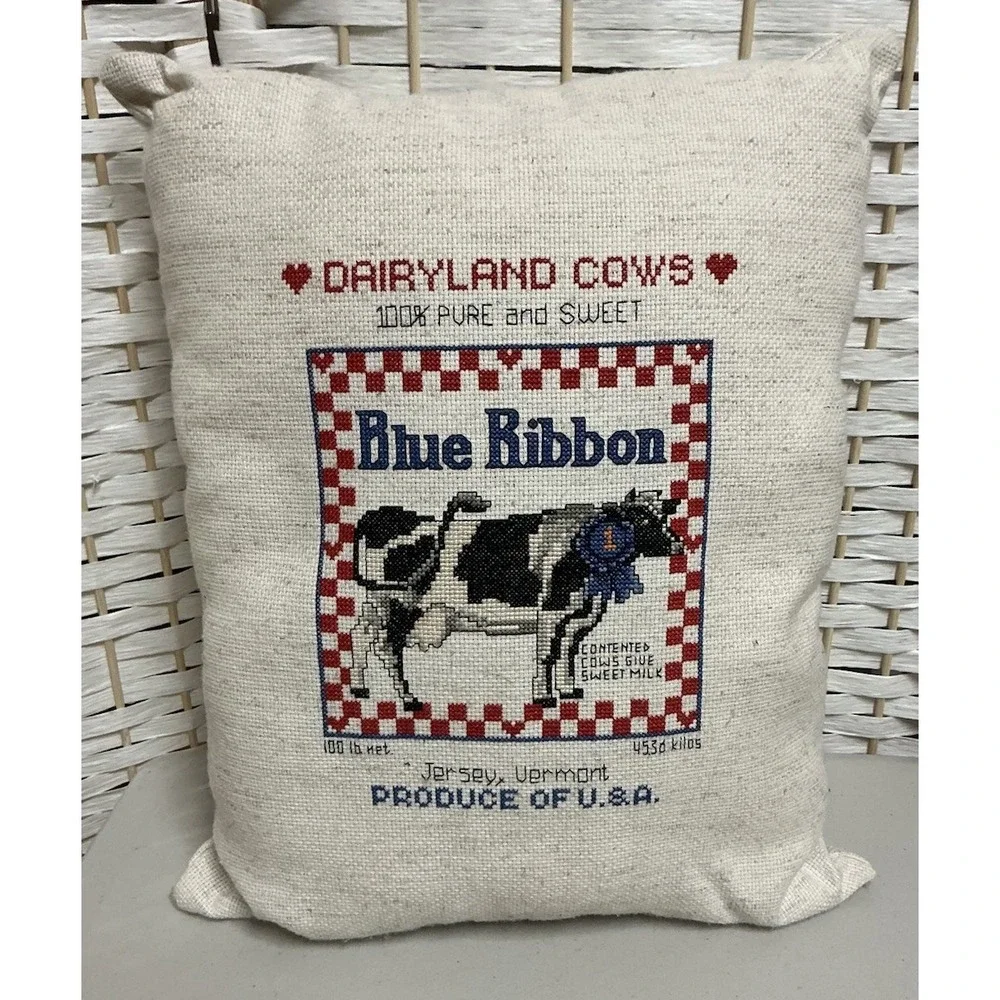 Vintage Dairyland Cows Blue Ribbon Pillow Cross Stitch Feed Sack Style 12x15